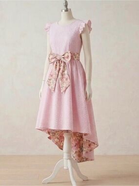 Girls' Pink High-Low Floral Sash Party Dress